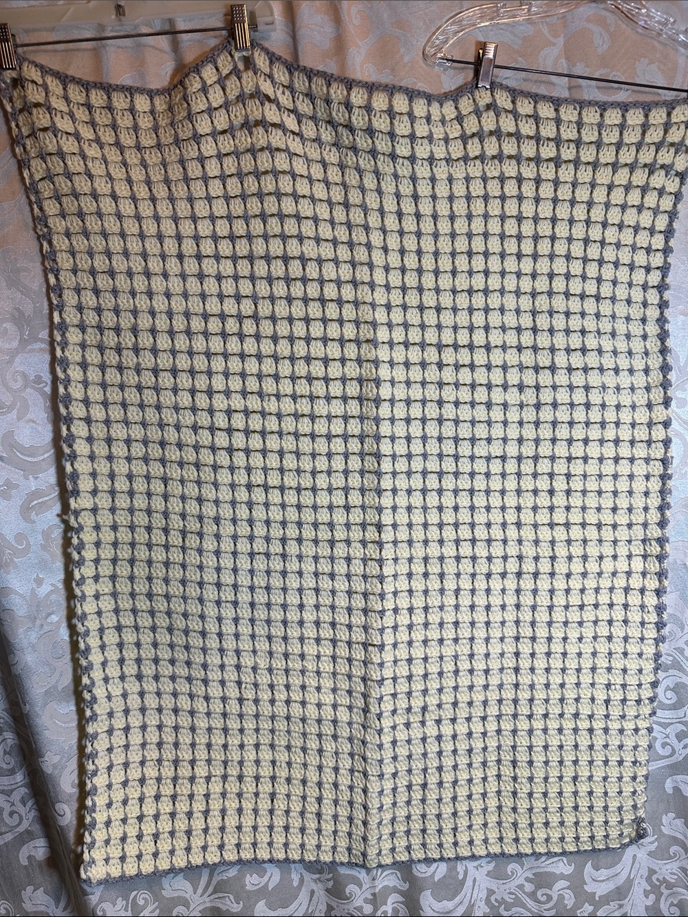 Handmade Crochet Baby Blanket or Lap Blanket in Butter Yellow and Gray 32x42